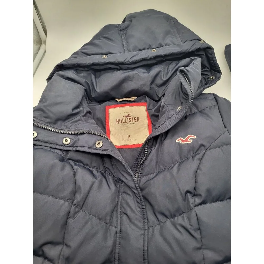 Hollister Puffer Coat Full Zip Hooded Blue Young Women's M Y2K Down, Polyester - Picture 11 of 12